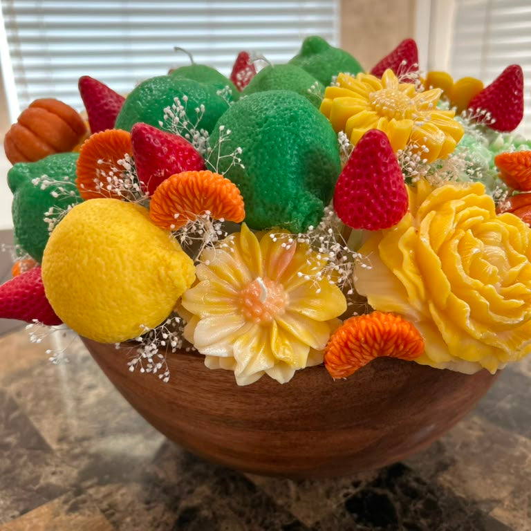 Handmade Candle Arrangement "Garden of Flowers and Fruits" in Wooden Bowl