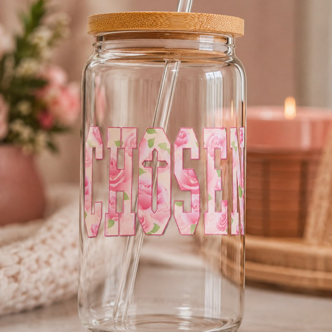 "CHOSEN" Glass Tumbler with Bamboo Lid and Straw