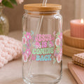 "Jesus Is Coming Back" Glass Tumbler with Bamboo Lid and Straw – Retro Christian Design