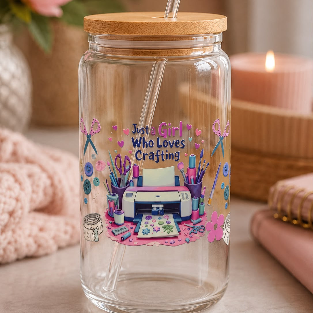 "Just a Girl Who Loves Crafting" Glass Jar with Bamboo Lid – Gift for Craft Lovers