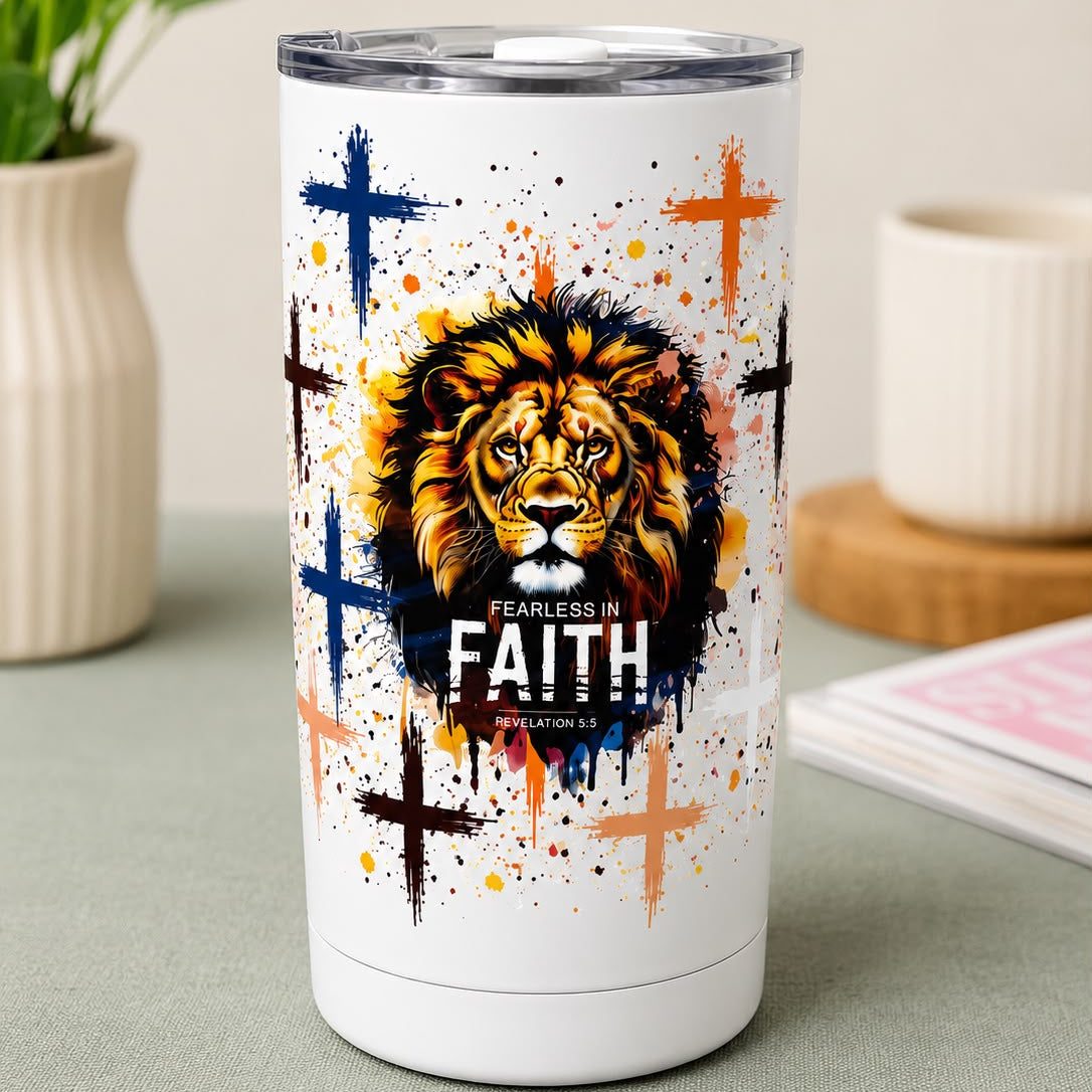 "Fearless in Faith" Stainless Steel Thermos – Lion of Judah and Revelation 5:5 Design