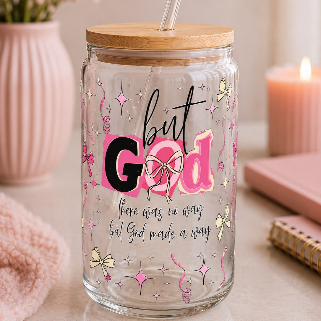 "But God Made a Way" Glass Tumbler with Bamboo Lid – Christian Design with Coquette Aesthetic