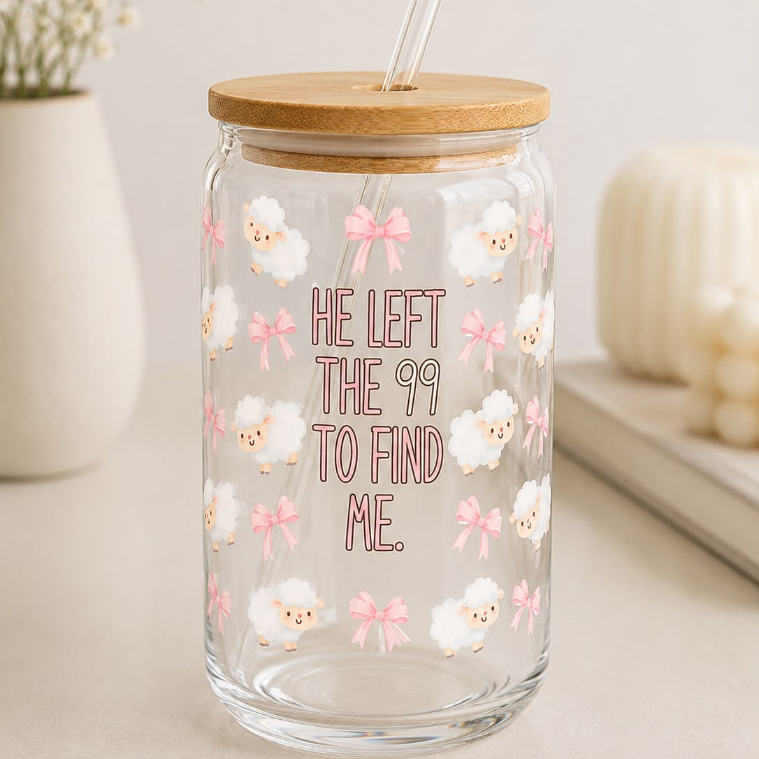 "He Left the 99 to Find Me" Glass Tumbler with Bamboo Lid – Christian Sheep Design