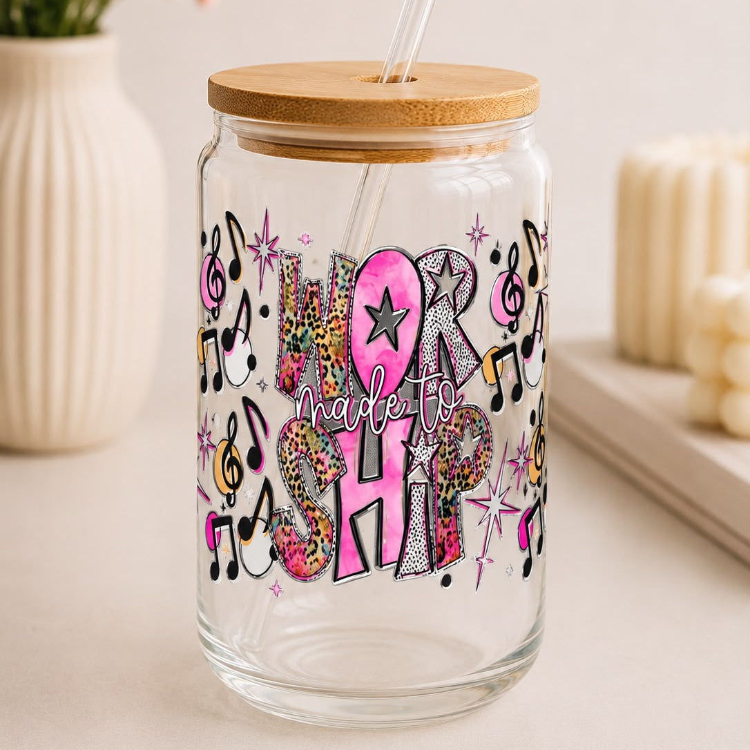 "Made to Worship" Glass Tumbler with Bamboo Lid – Christian Design with Musical Notes