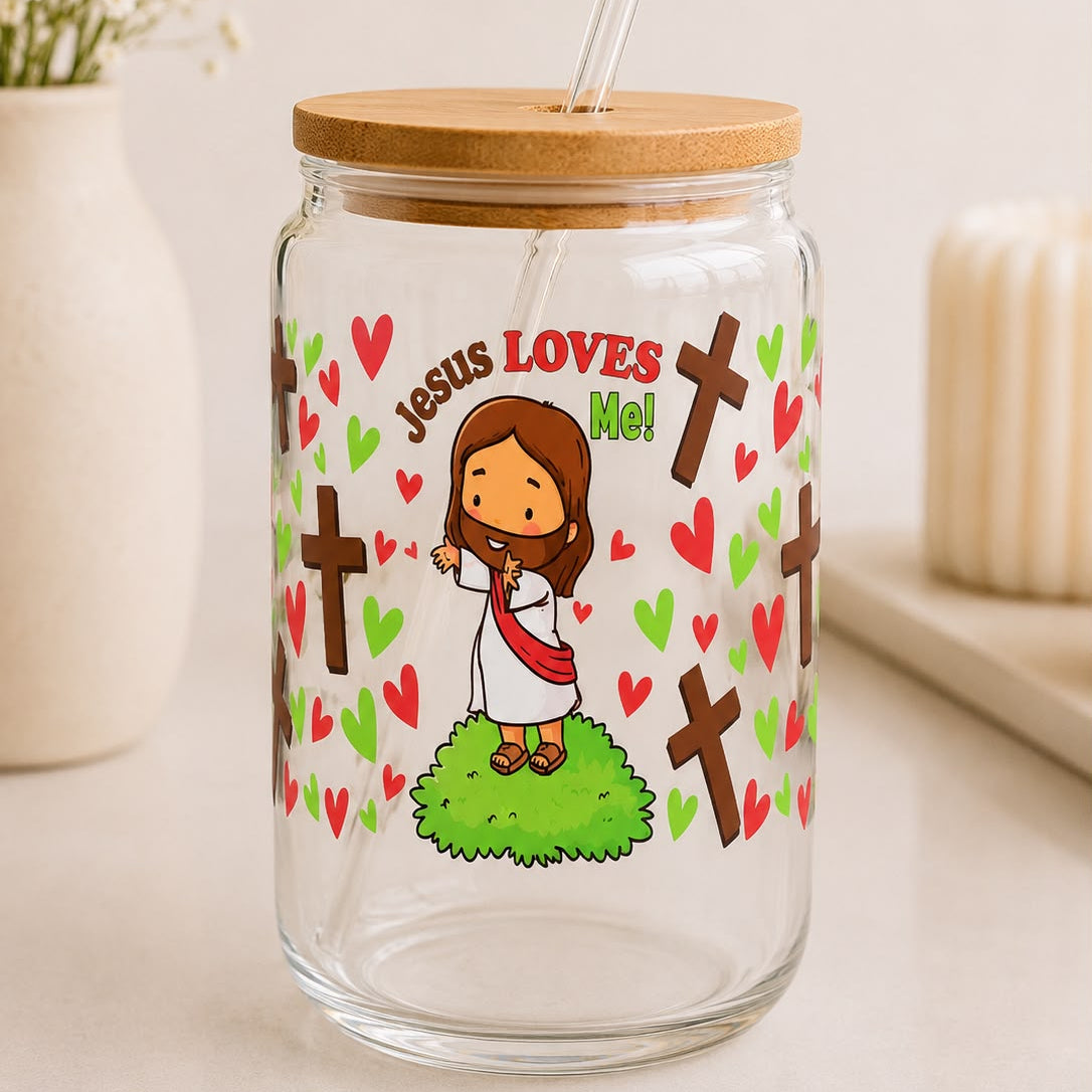 "Jesus Loves Me!" Glass Tumbler with Bamboo Lid – Children's Christian Illustrated Design