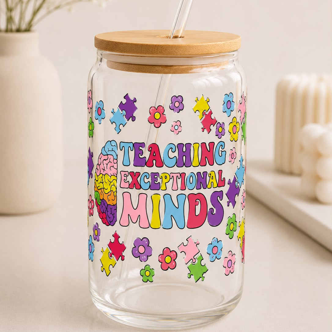 "Teaching Exceptional Minds" Glass Tumbler with Bamboo Lid – Gift for Special Education Teachers