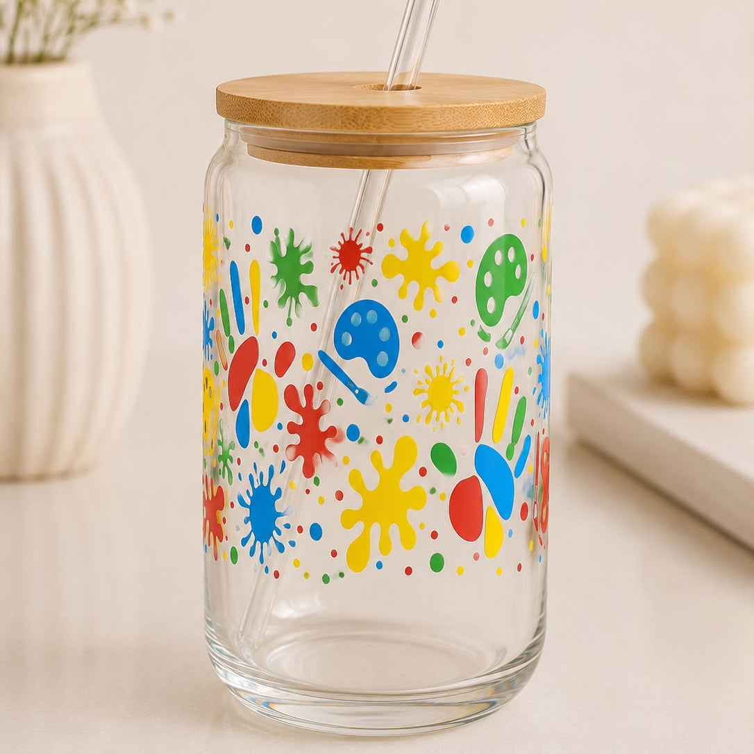 Artistic Glass Tumbler with Bamboo Lid – Paint Palette and Color Splatter Design