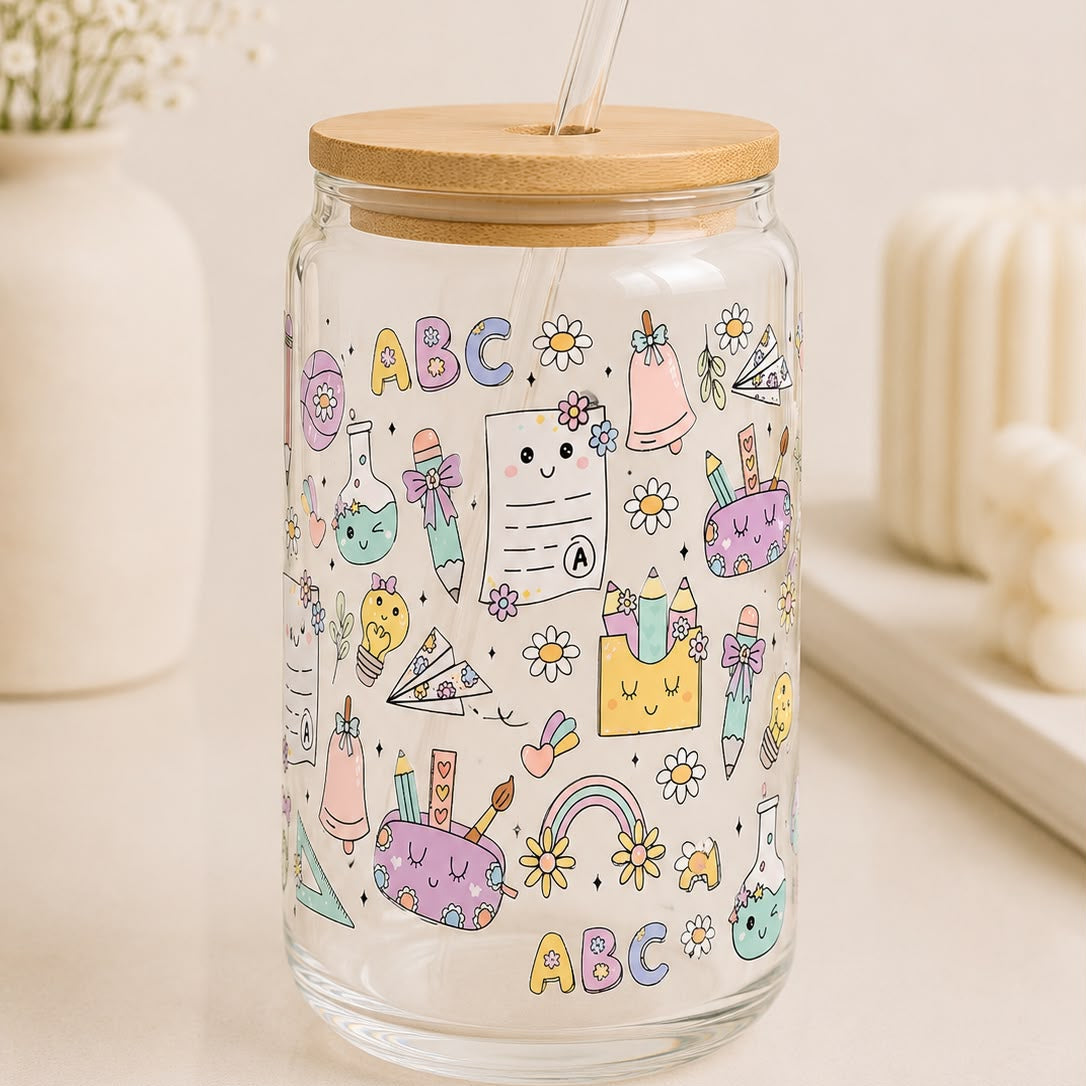 School Glass Tumbler with Bamboo Lid – Kawaii Back to School Design for Teachers and Students