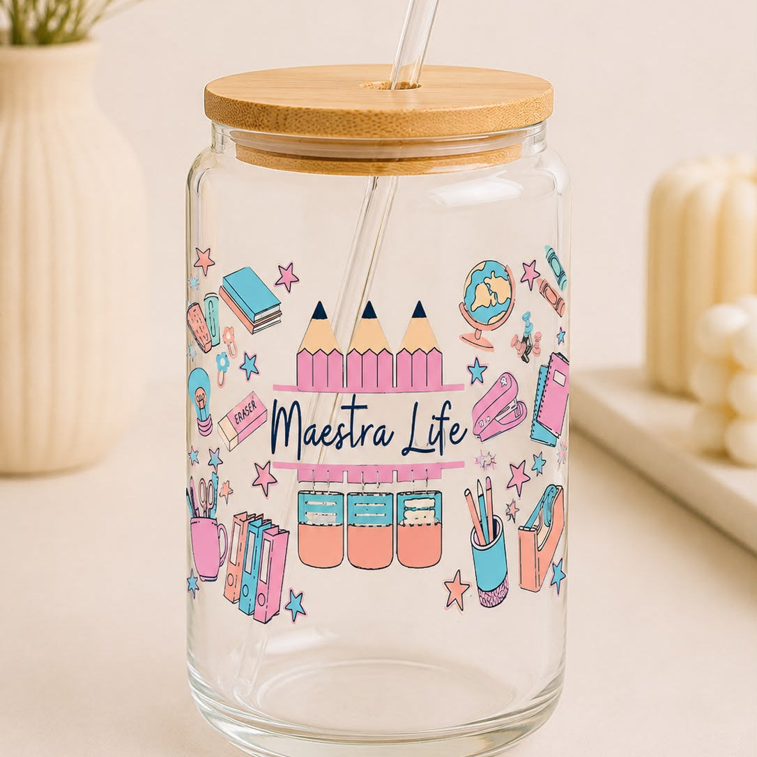 "Teacher Life" Glass Tumbler with Bamboo Lid – Ideal Gift for Teachers and Educators