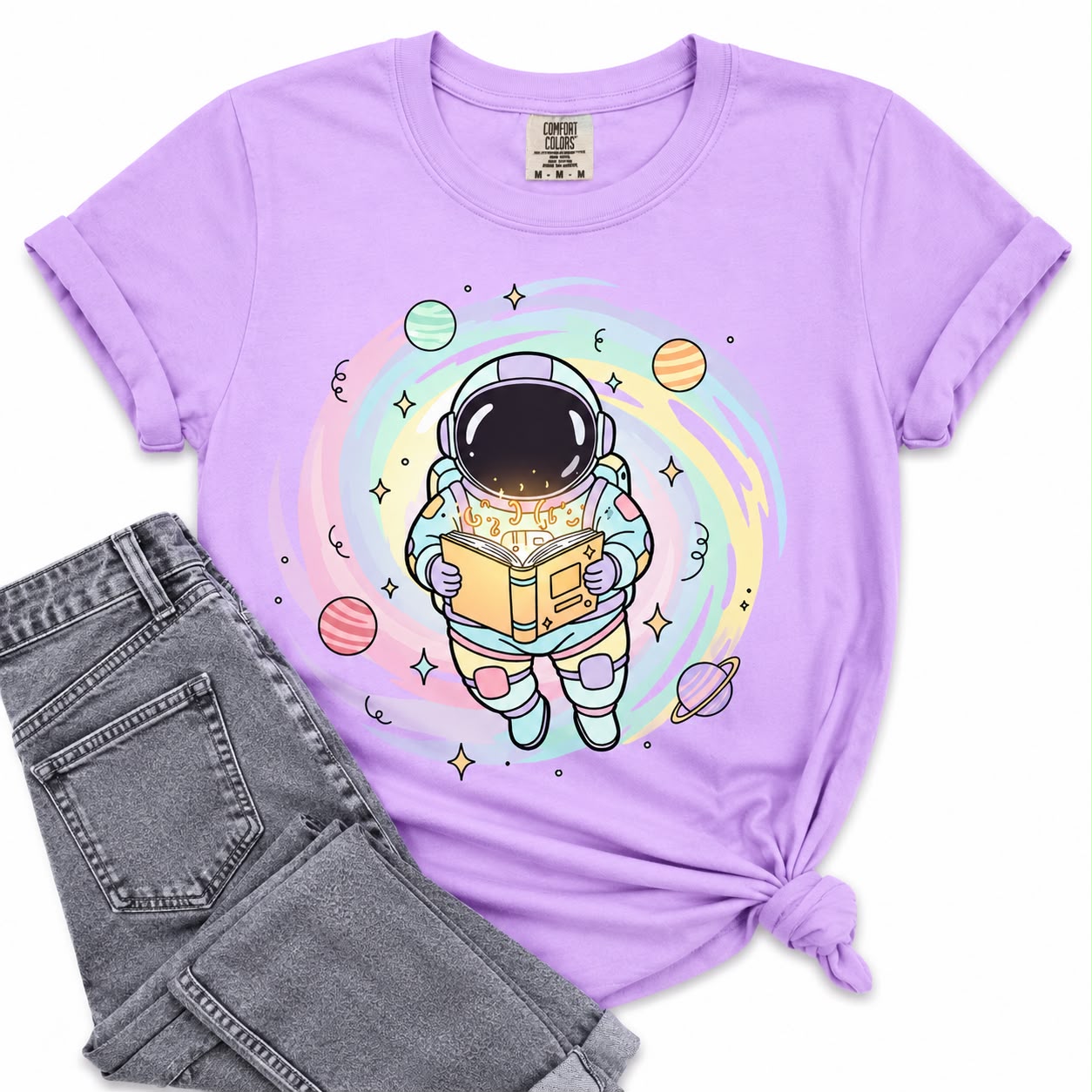 "Reading Astronaut" T-Shirt – Pastel Space T-Shirt for Teachers, Librarians, and Book Lovers