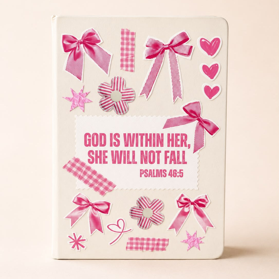 Cream “God Is Within Her” Notebook – Psalm 46:5, Pink Scrapbook Style