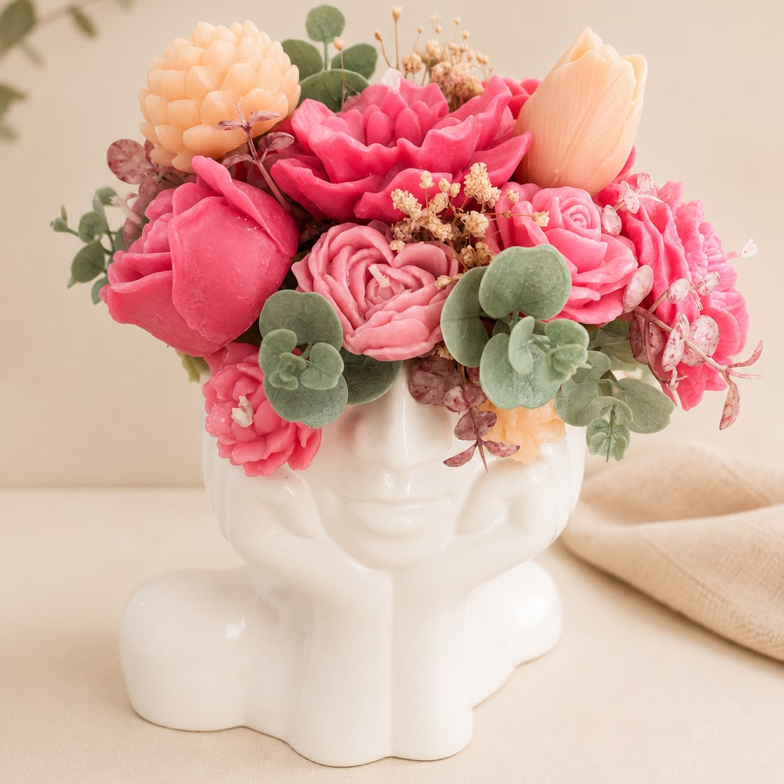 Floral Arrangement of Sculptural Candles in a Face Vase – Premium Centerpiece and Decoration