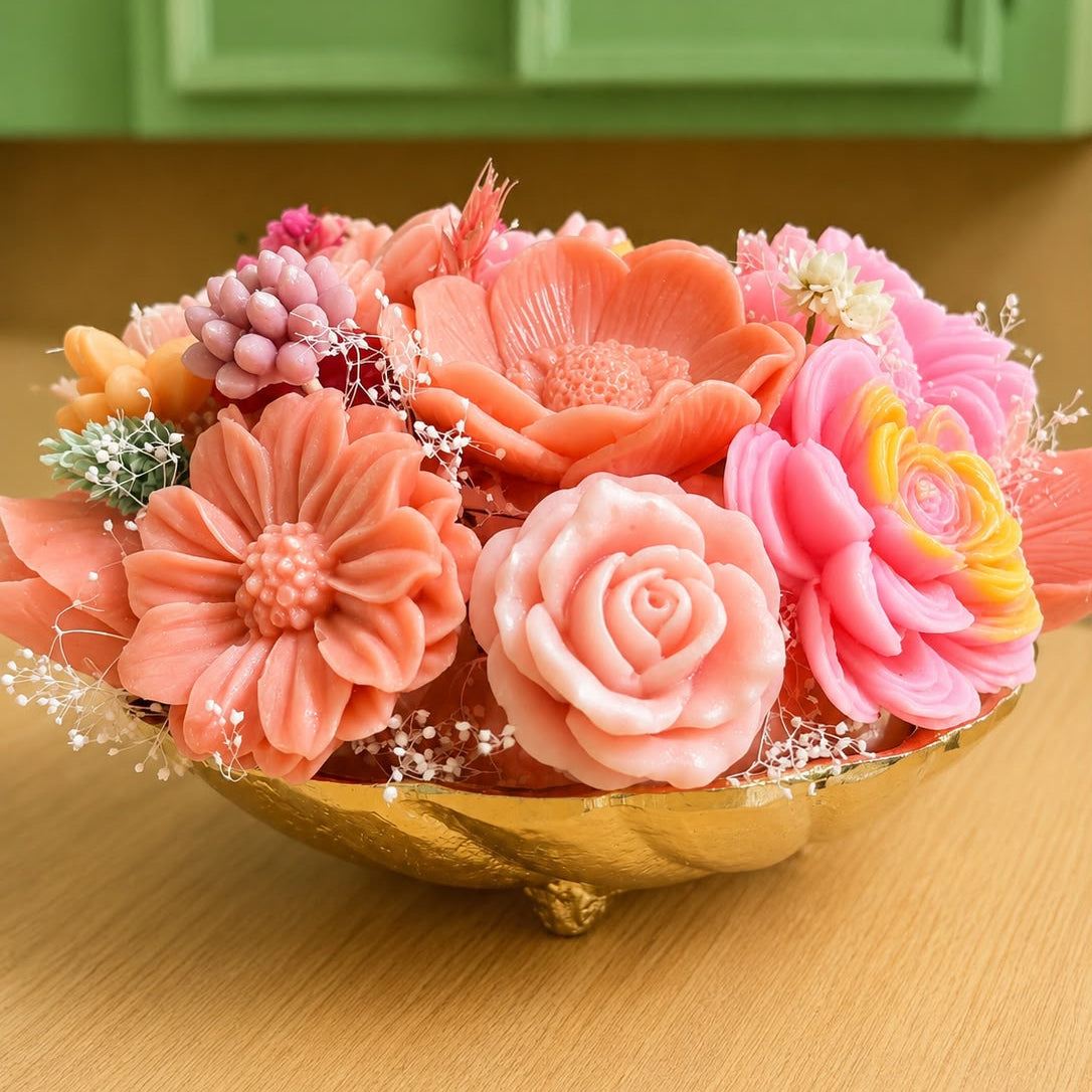 Luxury Floral Candle Arrangement in Gold Footed Bowl | Vibrant Pink & Coral Wax Flower Table Centerpiece