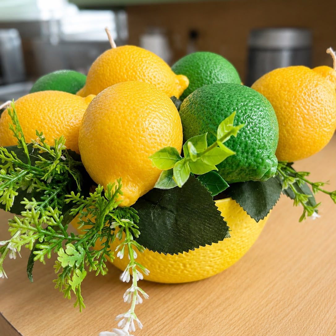 Vibrant Citrus Fruit Candle Bowl with Lemons, Limes & Greenery