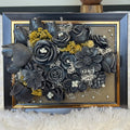 Artisan Framed Candle Sculpture | Dark Grey Flowers, Gold Accents & Pearl Details | Statement Home Decor