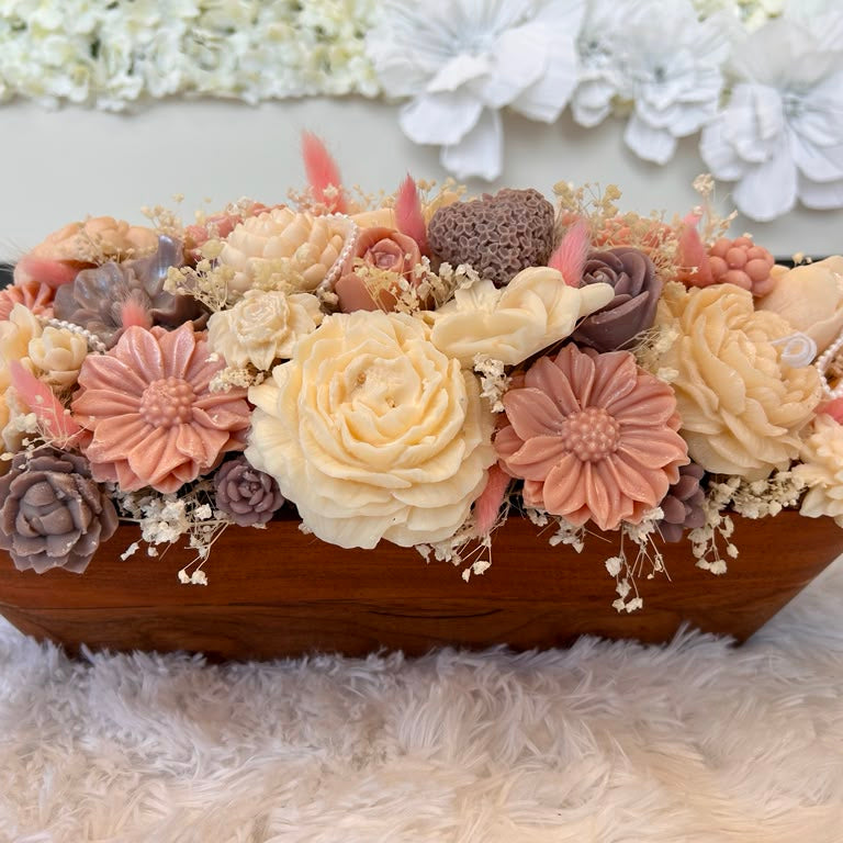 Handcrafted Floral Candle Arrangement in Wooden Base | Artisan Flower Candle Centerpiece & Home Decor Gift