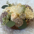 Muted Earth Tone Artisan Flower Candle Bouquet on Wooden Base