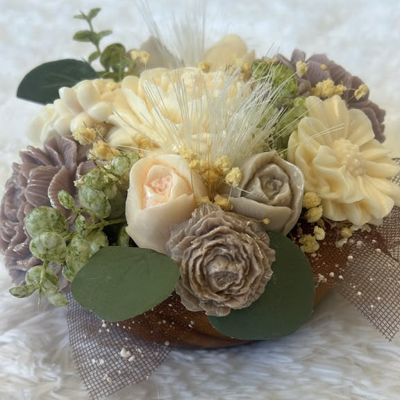 Muted Earth Tone Artisan Flower Candle Bouquet on Wooden Base