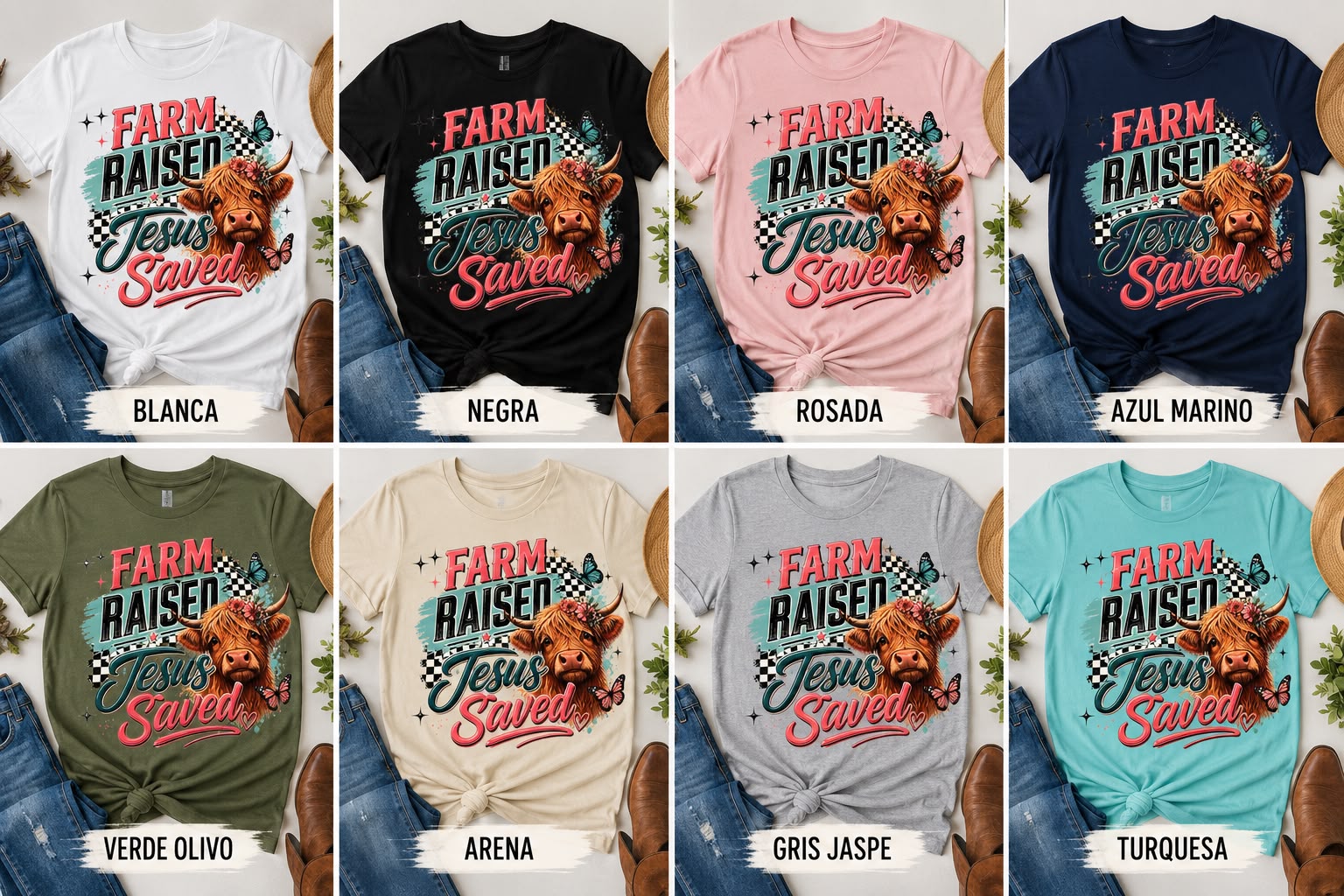 "Farm Raised Jesus Saved" T-shirt – Country Style T-shirt with Highland Cow