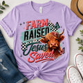 "Farm Raised Jesus Saved" T-shirt – Country Style T-shirt with Highland Cow
